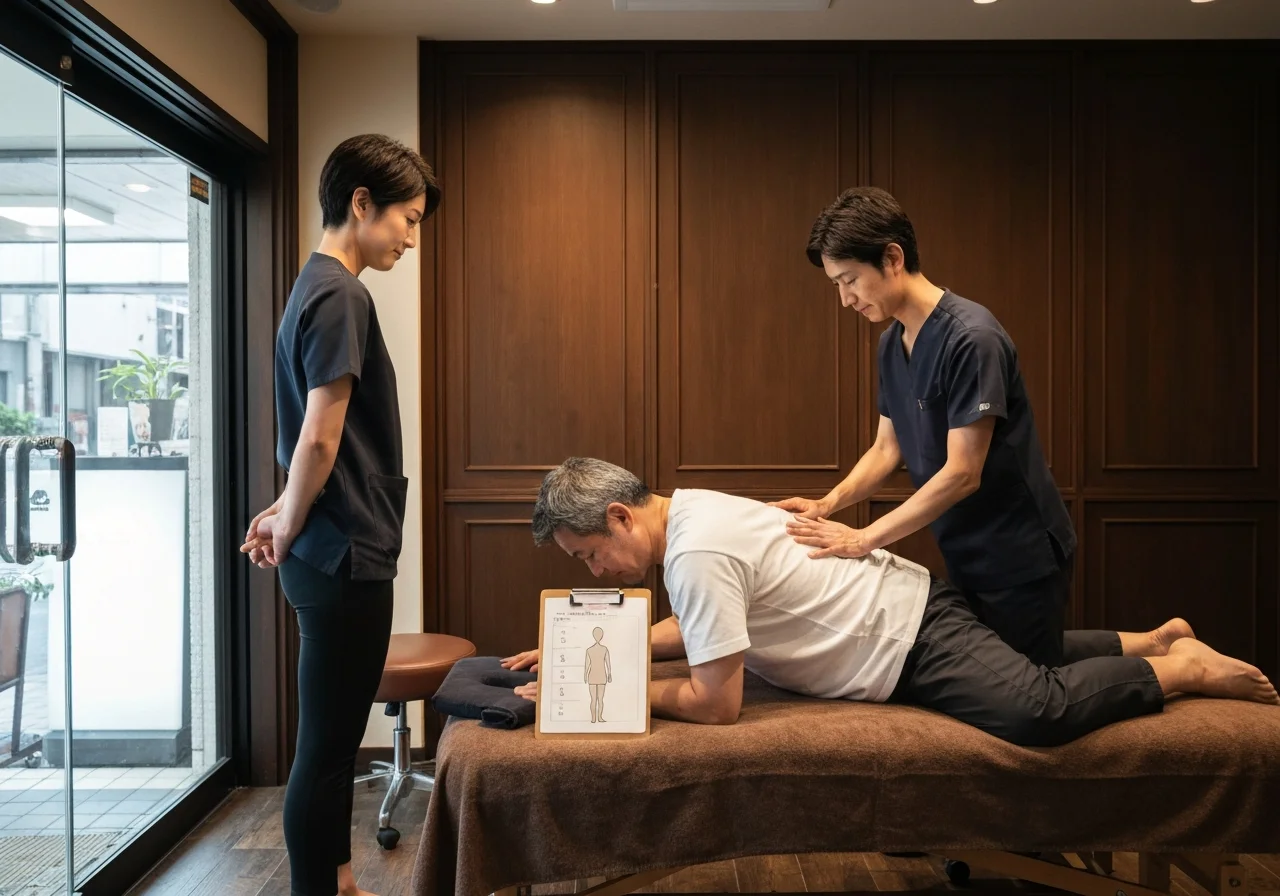 施術前に肩がすくみ背中が丸くなった状態で横向きに立つ成人男性の全身