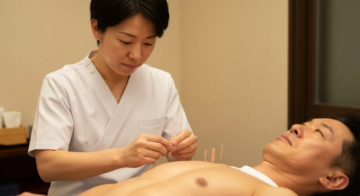 背中に細い鍼を打つ施術の手元