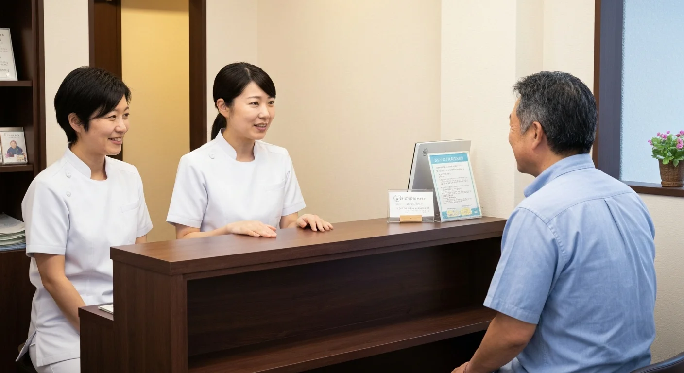 施術前に肩と背中の状態を説明しながら来店者の姿勢を確認する施術者