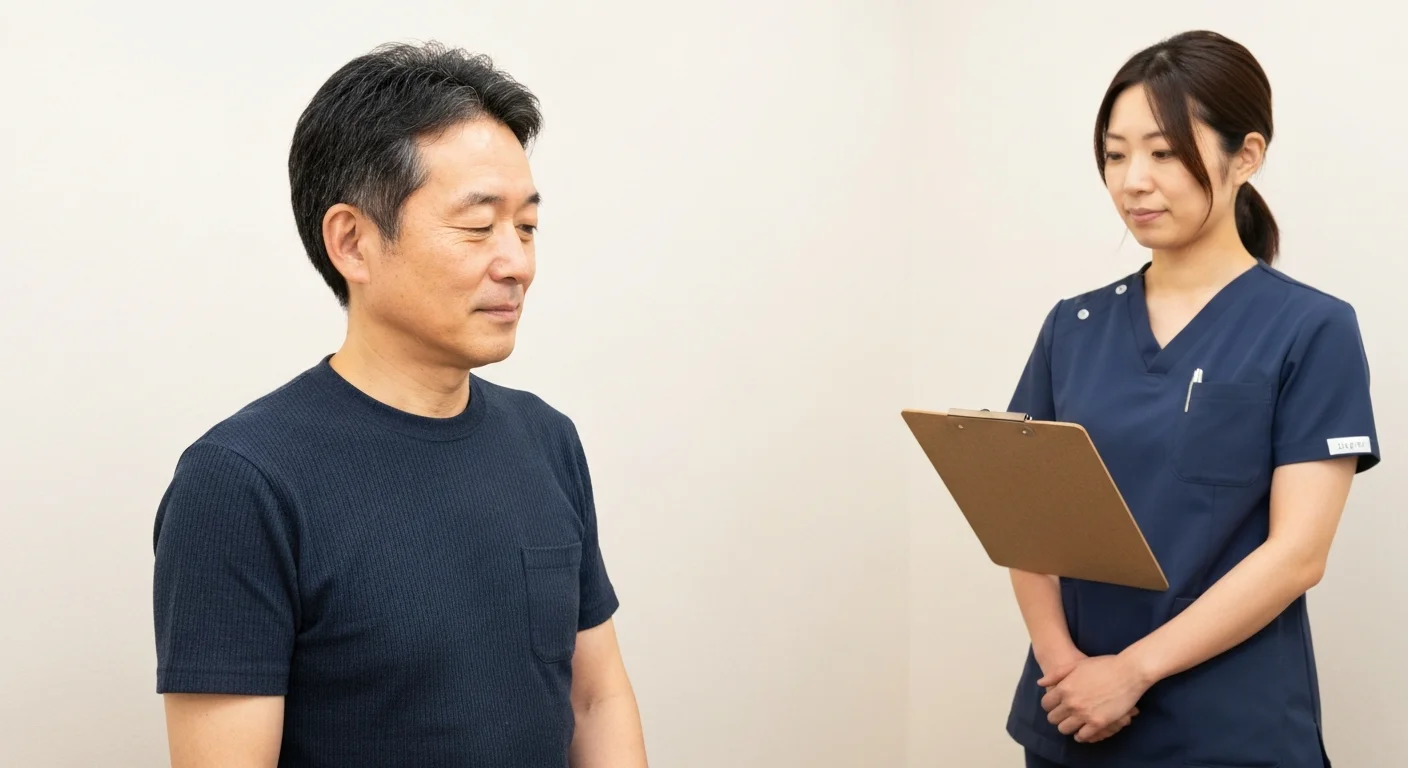 施術後に背筋を伸ばして立つ来店者を横から確認している場面
